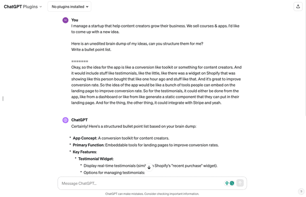 Asking chatGPT to organize a brain dump