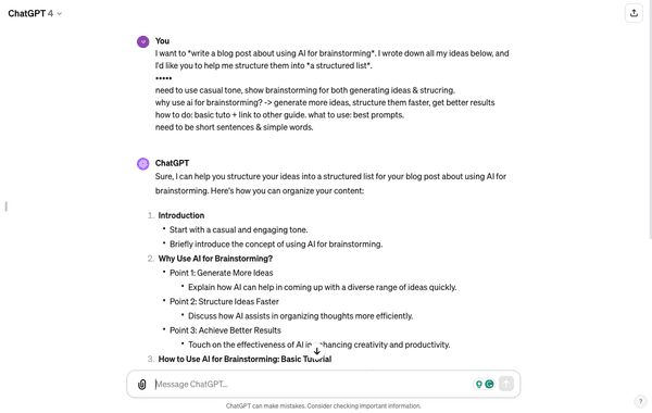 A ChatGPT prompt to organize brainstorming ideas